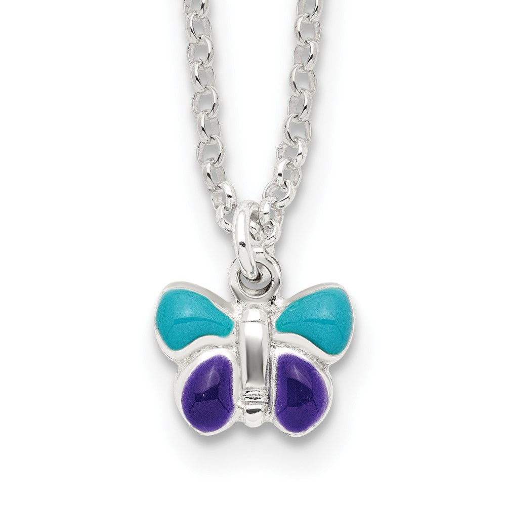 925 Sterling Silver Blue & Purple Enameled Butterfly  15" Children's Necklace